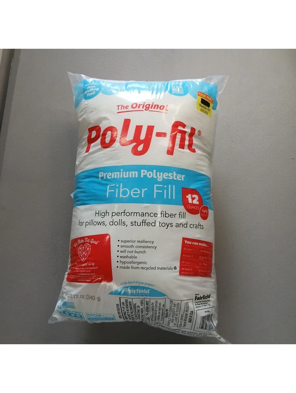Fairfield Original Poly-Fil Premium Polyester Fiber Fill Stuffing 12 oz Bag NEW